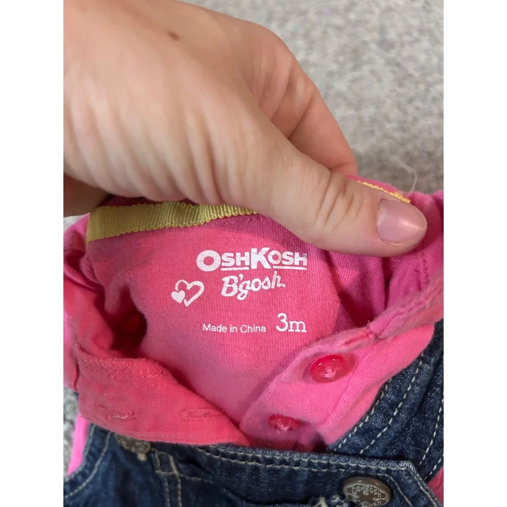 OshKosh Bgosh Baby Girls 3M Pink Polo Bodysuit Denim Floral Overall Dress Set